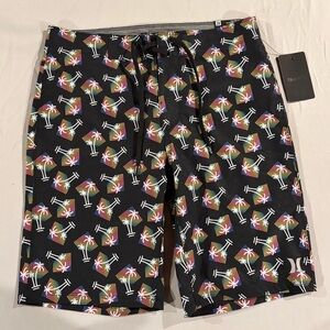 Hurley Black Board Shorts with Rainbow Palm Print NWT